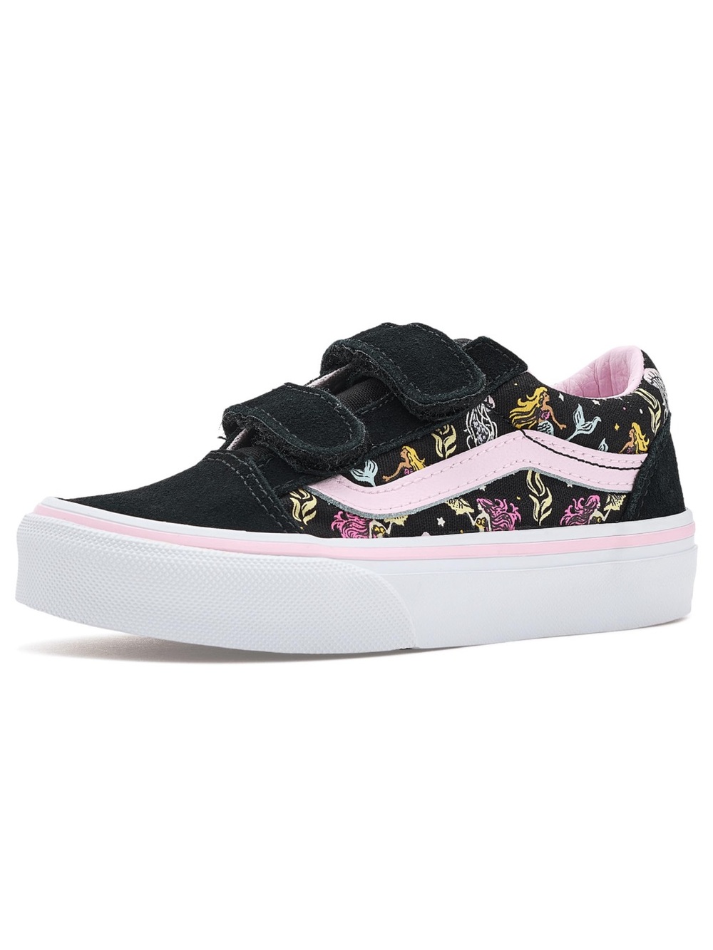 Vans Kids Black and Pink Velcro Sneakers with Mermaid Print Side Panels